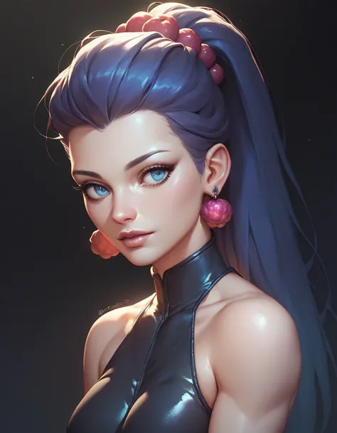 female sleeveless black catsuit, bare shoulders, racerback, bare toned arms, beautiful faces, berry ponytail with showing forehead, long ponytail, earrings, soft smooth skin, pale skin, black background, blue eyes, sci-fi, high contrast