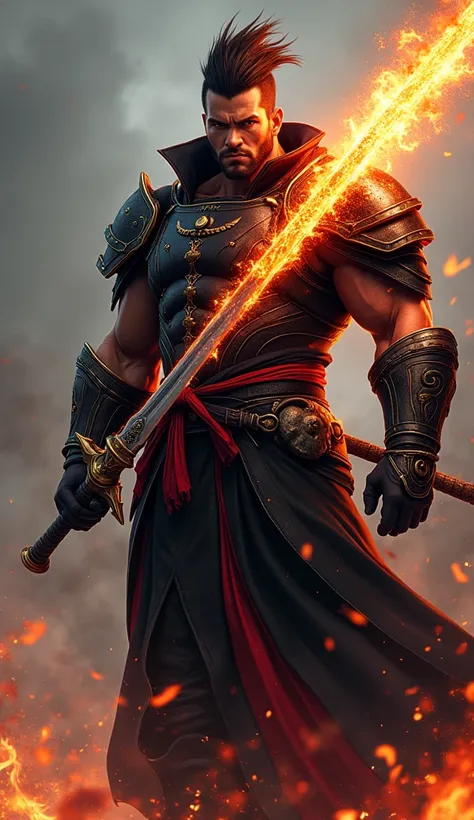 a sailor,    black clothes , red and white , with a fiery sword, Muscular.   Dressed in armor . 