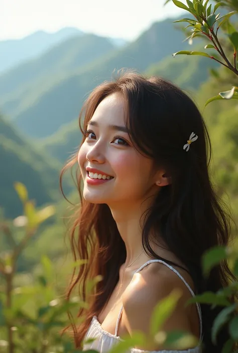 
Girl of about 24 years old brown and long hair, brown eyes smiling, in a beautiful landscape and let the girl look real