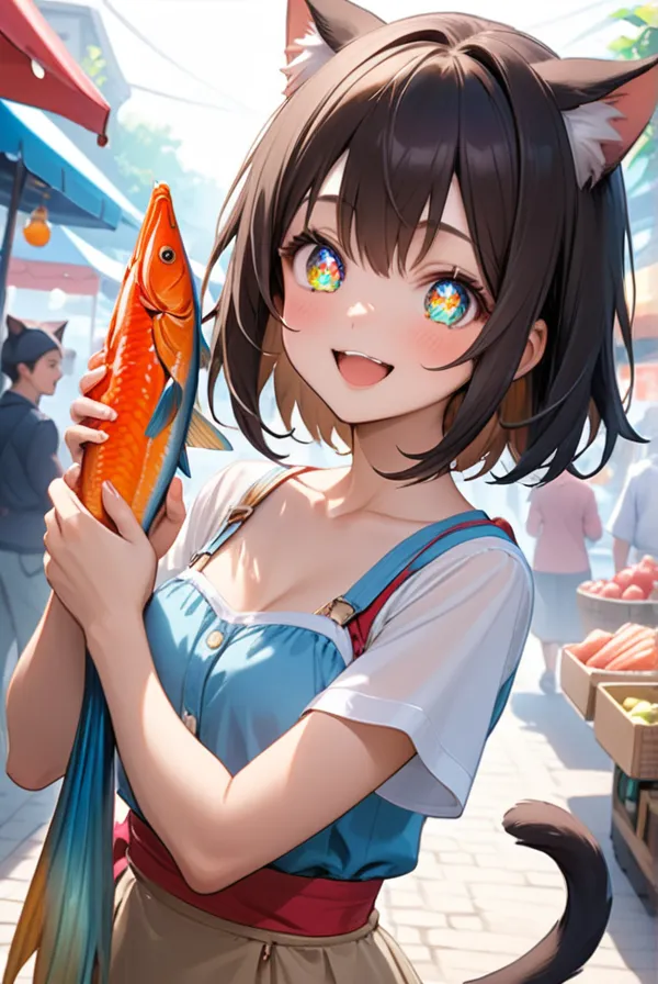 Cat ears, cat tail, Cat girl, holding a big fish in both hands, sparkling eyes, big smile,A vibrant market