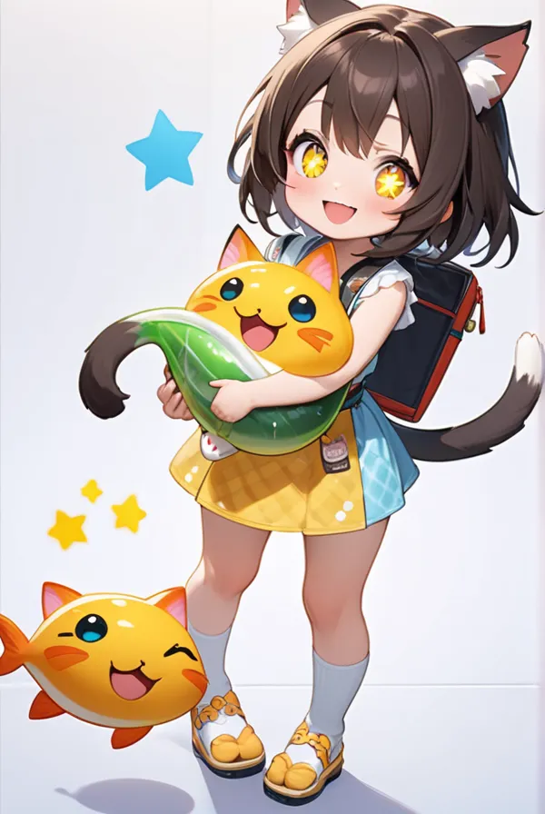 Cat ears, cat tail, Cat girl, holding a big fish in both hands, sparkling eyes, big smile,A vibrant market