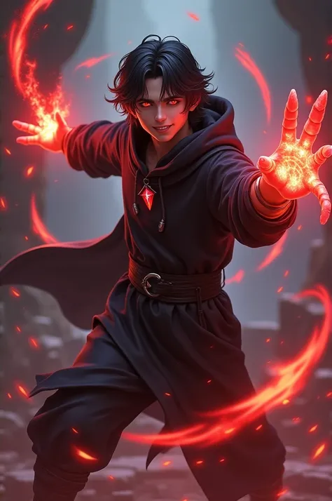 make eldrin by casting the magic missile spell. Eldrin Satrfire is an 18 year old young man, black eyes, straight black hair wavy to his shoulders, he wears a black tunic with a hood. he has a crystal that emanates red energy hanging from his cord. he is c...