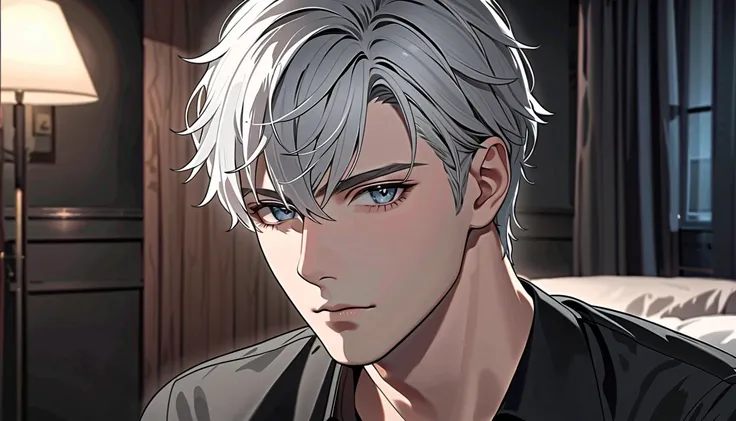 Boy, short Hair, light grey white Hair, light grey eyes, Blush, Adult, handsome, night room, black shirt, High Resolution, Looking at viewer, HD