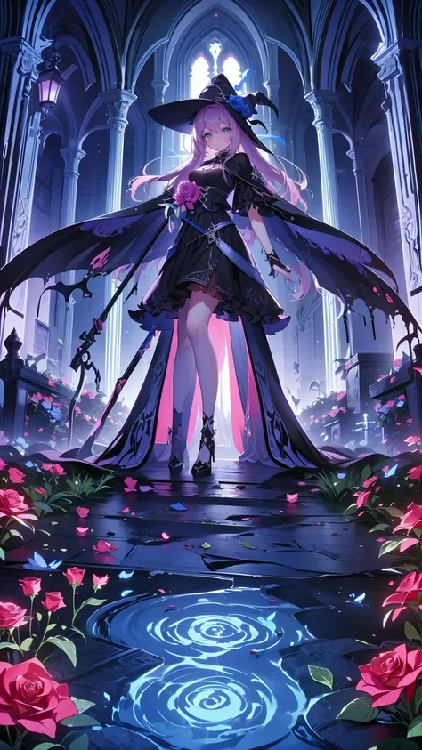 （Messenger from  hello ：1.4），( Rose field:1.3)，cross，a giant Blood-sucking ghost， scythe seen from below ， hello ，magma，inflammation，（purple inflammation：1.3），There is fresh Blood on the ground，Blood pool，dripping Blood，Gothic aesthetic，One、 Rose、city、cros...