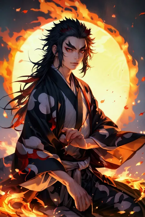 Rengoku from Demon slayer, calm position, meditating, fire circles around him. In fire kimono, focused, hyper realistic