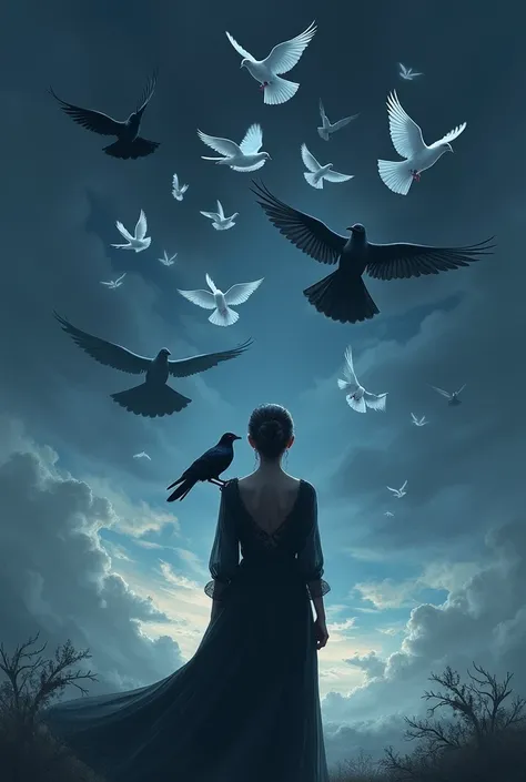 person facing back with several doves and crows at the sky and one crow perched on that persons shoulder, fully rendered and elegant art style. In a dark sky with a blueish coloured sky