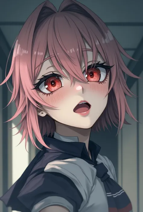 Yandere, pink hair, red eye, 整張臉泛紅, close-up, 