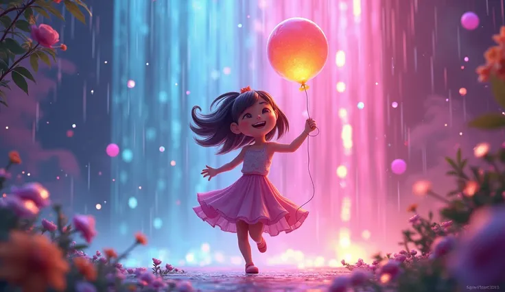 3d style,A colorful magical rain shower with ren dancing happily under it, holding the glowing balloon.

