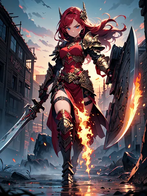 (((masterpiece, best quality, high detailed, 16k))) (1girl) A fierce warrior with a fiery mane of bright red hair, clad in ornate gold and crimson armor. Her eyes blaze with the intensity of a rising sun, and she wields a massive battle axe, etched with an...