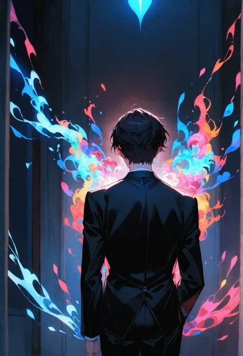 A young man with dark hair and blue eyes in a black suit turned his back on the room at night.