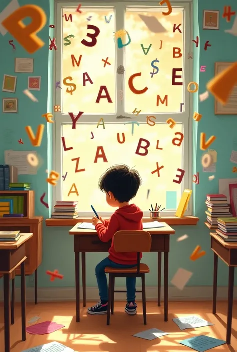 A poster with the text "PEQUENOS ESCRITORES, GRANDES OBRAS!" and a drawing of a  sitting at a classroom table, writing while letters fly around the room, in Disney Pixar format.