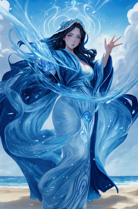 anime greek woman wearing wearing blue wizzard robes, casting a blue spell, blue cloalk with white details, casting a spell with hands, perfect proportions, curvy, desolated detailed beach background