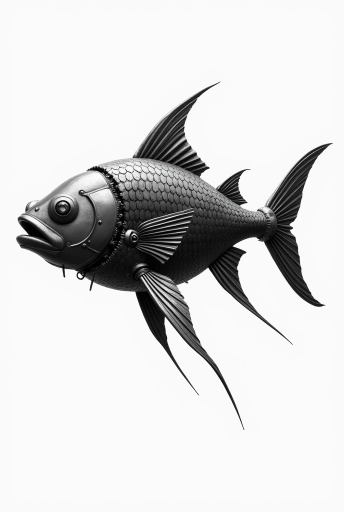 Un poisson en noir et blanc de côté avec une vraie tête des écailles mécanique un corps mécanique avec des pistons et des rouages et larête de la queue en armature mécanique sur fond blanc