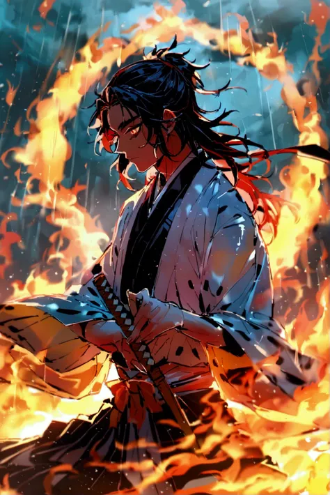 Kyōjurō Rengoku from Demon slayer, calm position, meditating, fire circles in epic fashion, a bit chaoitc,around him, In fire kimono, focused