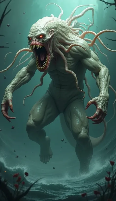 Humanoid mutant hybrid of a leech with a furious, roaring tentacled octopus 