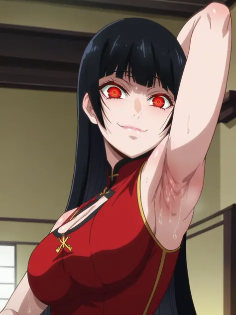 score_9, score_8_up, score_7_up, source_anime, anime screencap, 1girl, solo, indoors, day, Jabami Yumeko, red eyes, black hair, long hair, bangs, large breasts, red chinese dress, cleavage, bare shoulders, bare arms, looking at viewer, eye contact with vie...