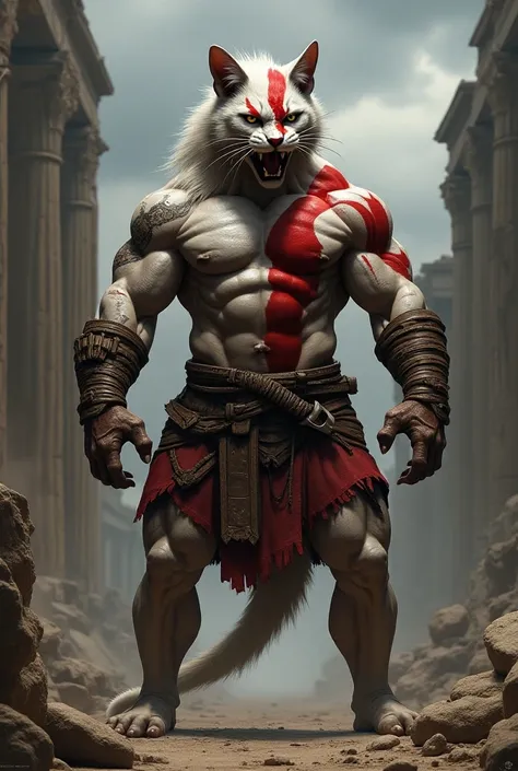 Muscular cat painted like Kratos 
