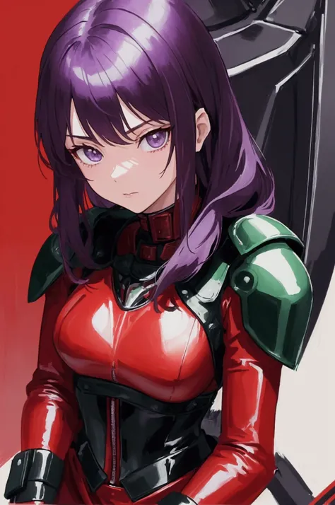 a beautiful young girl in a red and black leather catsuit, black breastplate, dark green shoulderpads, highly skilled and cool ace pilot, shoulder-length purple hair, in a stunning science fiction anime style, masterpiece
