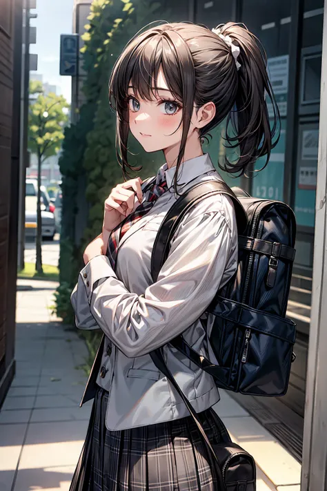 Fluffy ponytail, review,A girl with a backpack is posing for a photo, navy blue blazer uniform ,  white shirt, red and grey striped tie,  grey plaid skirt, Outdoor urban environment,  natural light,Casual atmosphere, Front View, The depth of deep writing, ...