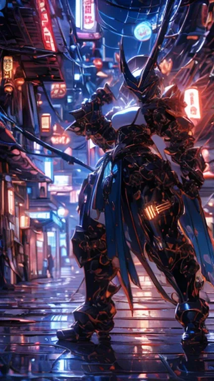 Sexy cyborg girl, big breasts in a cyberpunk city alley at night, Cyber ​​samurai, cool action pose, high detail, reflective armor, shadows showing the details of wires and body mechanisms, action sci-fi movie poster tone.