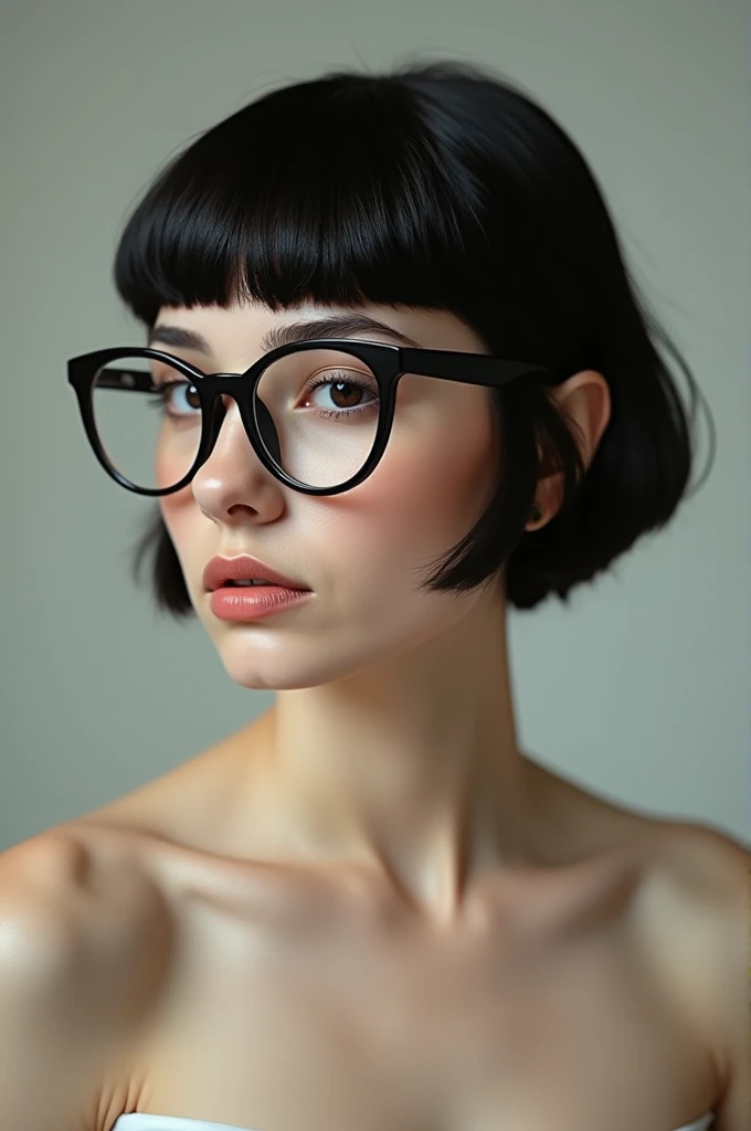 French woman square hair nude nerd glasses