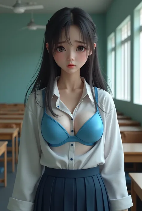 Thai student girl wearing a Thai high school uniform that you can see the blue bra inside shirt