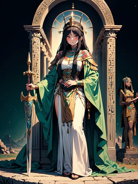 ((masterpiece, high detailed)) (1girl) A regal goddess wrapped in flowing green robes symbolizing rebirth, her skin pale like moonlight. Her long black hair falls gracefully around her shoulders. Her crown is adorned with the Atef crown, signifying her div...