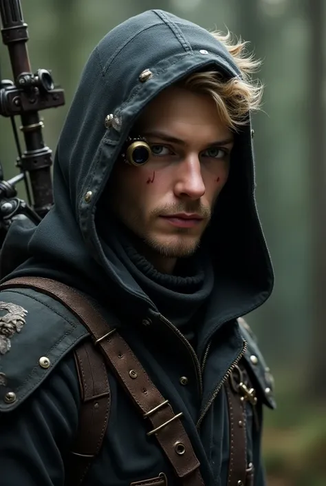 A 19-year-old male character with short blonde hair and a light beard. He wears a gothic-steampunk-inspired outfit with a hood, designed for agility and close combat. A custom-made steampunk lenses are attached to his left eye for aiming his one-handed cro...