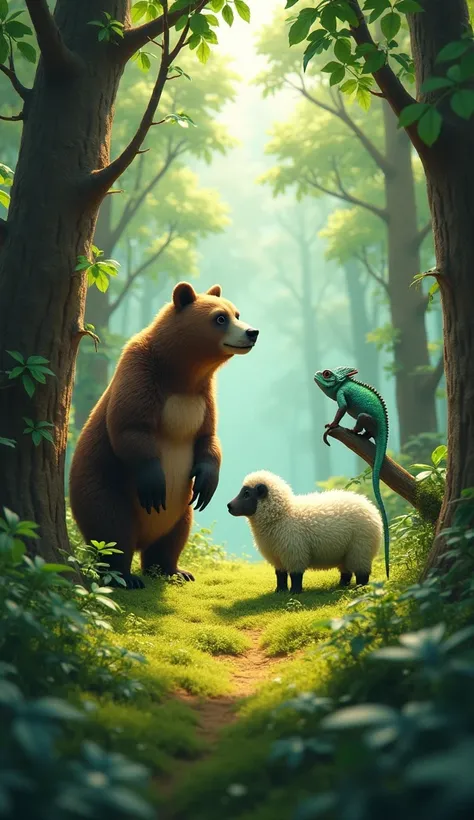 On a vibrant forest floor blanketed in lush greenery, a curious and unlikely encounter takes place. A fluffy sheep stands cautiously between a towering bear and a color-shifting chameleon. The bear, with thick fur and a calm demeanor, watches the sheep cur...