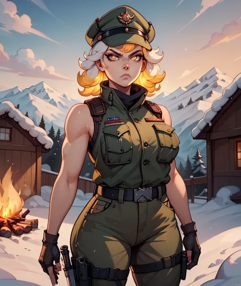 Military woman with a military uniform with black and white camouflage consists of a short sweatshirt, a sleeveless vest over it, cargo pants with several pockets. A military belt. Her curves fill her outfit. She is armed with a pistol and aims at the view...