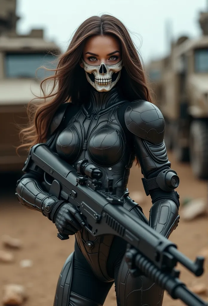 ((masterpiece)) ((photography)) ((highest quality)) brunette barbie, cute, girly, skull mask, armor, army, holding weapon, thede...