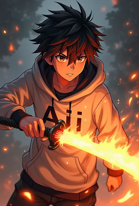 Anime  guy wears a hodie that says Aji while wielding a flaming sword 