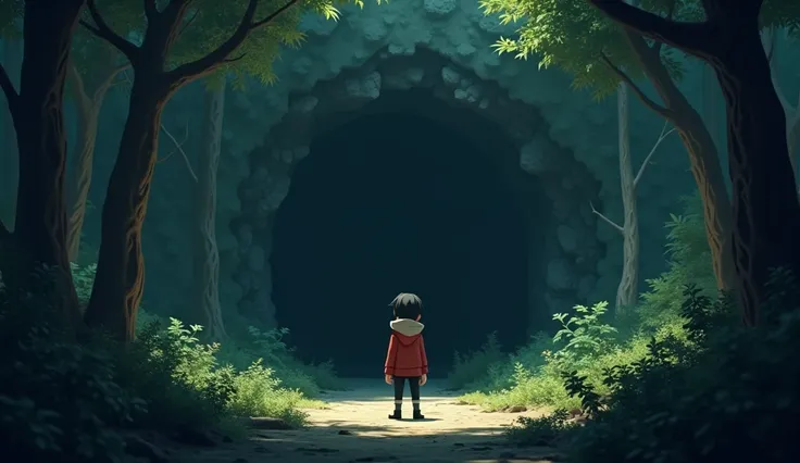 3d style,ren standing in front of a dark cave in a dense forest, looking determined to find the balloon.