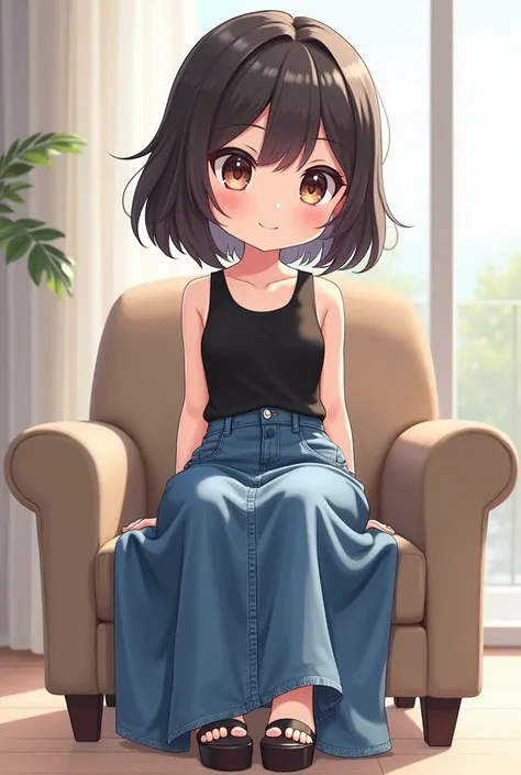 A female character chibi wearing a long denim skirt with a side parting that reaches her thighs, a black sleeveless shirt, sitting cross-legged on chair, street style, a view from the front slightly to the right, perspective view.