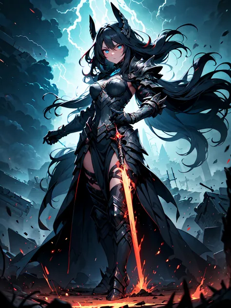 ((masterpiece, high detail)) (1girl) A fearsome goddess cloaked in dark, swirling winds, her hair flowing wildly as if caught in a storm. Her armor is jagged and sharp, made of black metal with red glowing runes. Her eyes burn with chaos, and lightning cra...