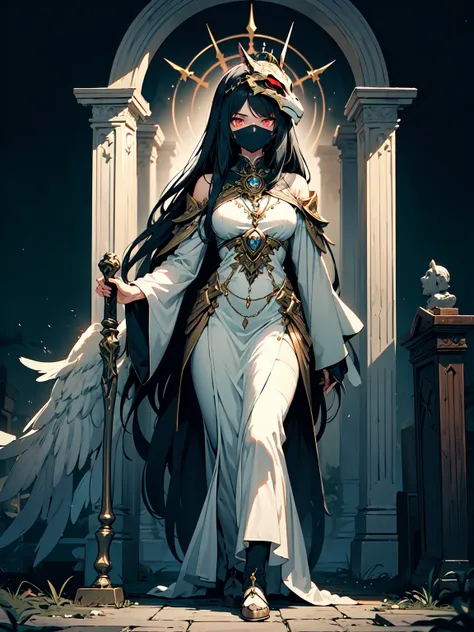  ((masterpiece, best quality)) (1girl) A solemn goddess with jet-black hair and glowing gold eyes, her face partially covered by a jackal mask. She wears a flowing white gown with intricate gold detailing, and in her hand, she carries an ankh glowing with ...