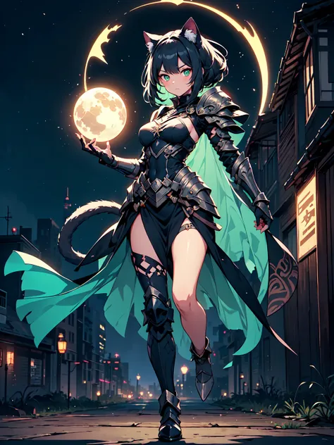 ((masterpiece, best quality)) (1girl) A graceful goddess with the head of a black panther and glowing green eyes, her long, sleek hair shimmering like silk. She wears light armor adorned with feline motifs, and her movements are swift and agile. In one han...