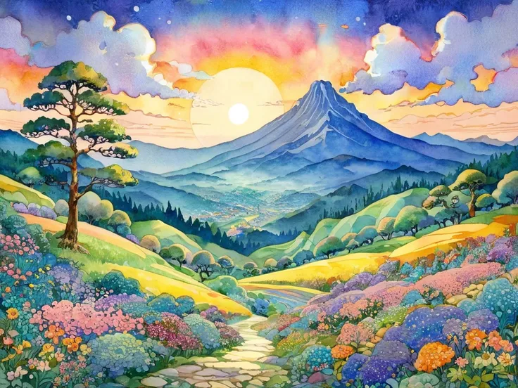 Mountain landscape painting with trees and flowers in watercolor、 Ultra-fine detail painting inspired by Gustave Baumann,   CG Society Contest Winners  ,  psychedelic art,  mythical flower hill ,  psychedelic landscape , Detailed dreamscape,  Whimsical Fan...