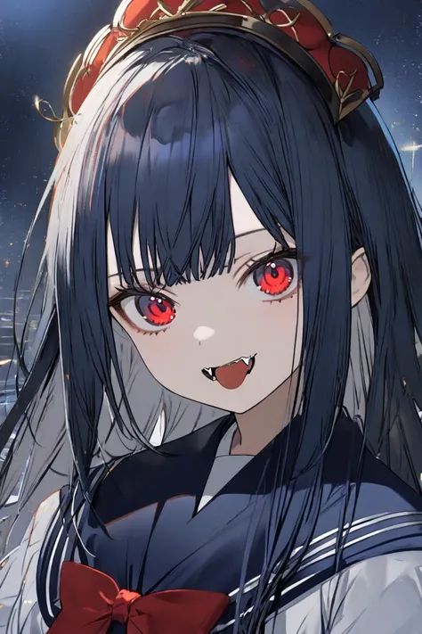 (1 girl, straight hair),
(bust-up angle of view:1.4), 
(aken from the front), 
red eyes, expressionless, small fangs on both sides of mouth, 
(wear a navy blue sailor uniform), 
tiara on top of head,
(moonlit night),
at the gates of the castle
