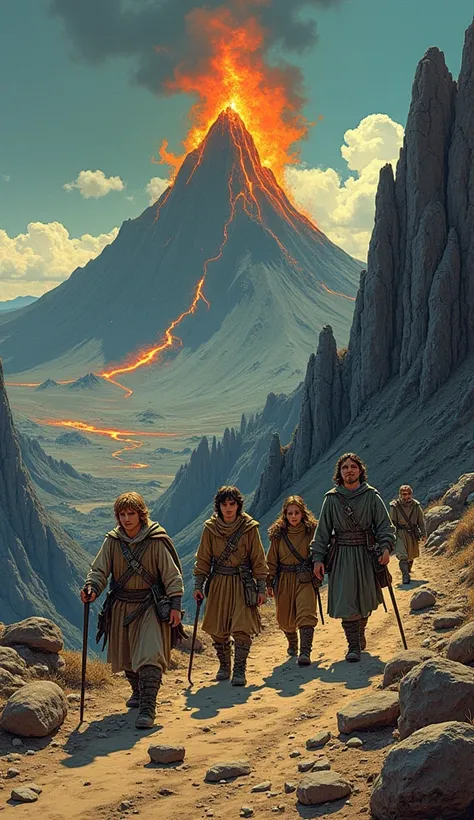  It represents the characters from The Lord of the Rings arriving in Mordor in an illustrative style inspired by Hergés comics ( author of Tintin ).  The scene shows Frodo , Alone, aragorn, Legolas,  Gimli and Gandalf in the desolate and dark landscapes of...