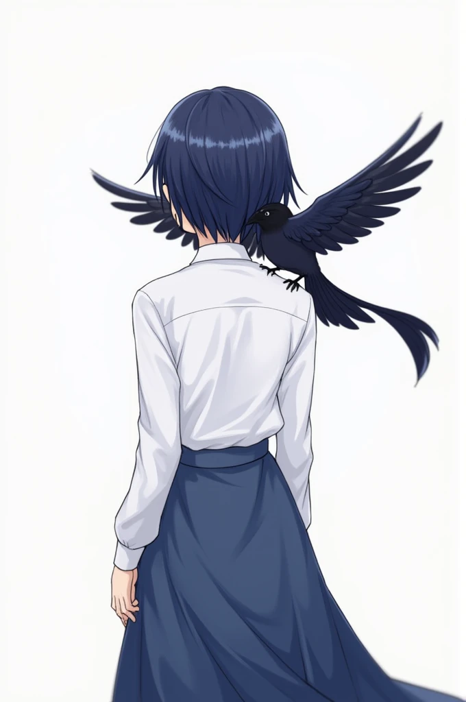 person facing back with one crow perched on that persons shoulder, fully rendered and elegant art style. Dark blue hair with short hair and a down tail hair. With a shiny highlight, using white shirt and using long blueish skirt