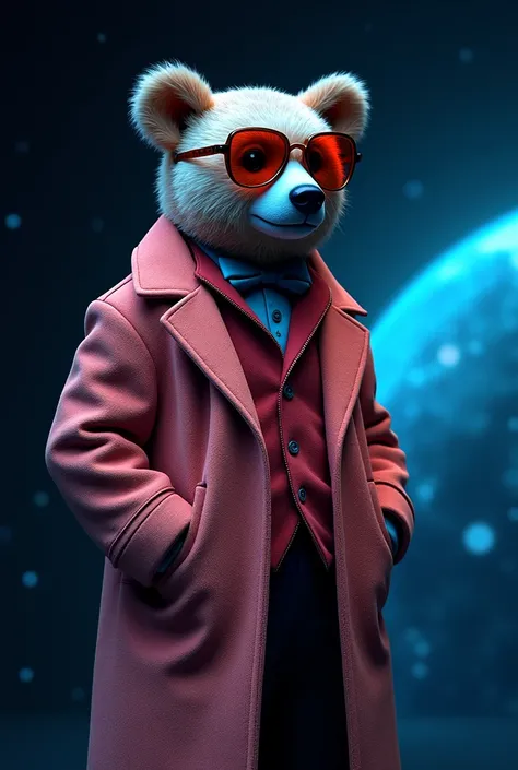 Best mobile phone wallpaper, award-winning wallpaper, portrait, cute bear panoramic portrait of space age fashion in the 60s, side view, photo taken with Canon EOS R5, intense contrast adjustment highlight theme, fluorescent blue tone, very trendy 60s styl...