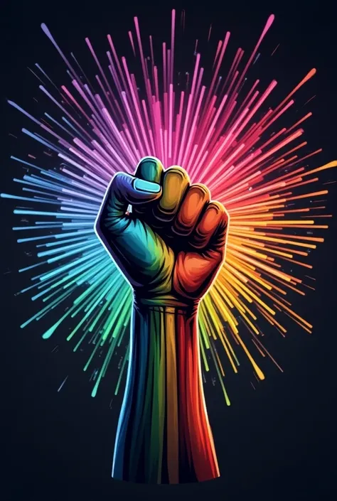 generate image is a vibrant and striking piece that symbolizes unity, strength, and pride within the LGBTQ+ community. Heres a detailed breakdown:

Central Element:

The main focus of the image is a clenched fist, depicted in an upright position. This fist...