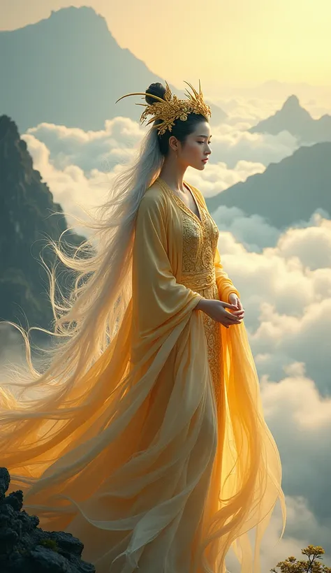 Here’s the description reformulated for AI image generation:

"A mythical goddess inspired by Chinese folklore, personifying the concept of Koi Leaping Over the Dragon Gate. She has flowing, waterfall-like hair and wears an intricate golden koi fish headpi...