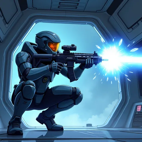   anime style  . A squatting Mass Effect ,  space soldier shooting a frozen blue bullet, de u  rifle.  in a room of a ship .