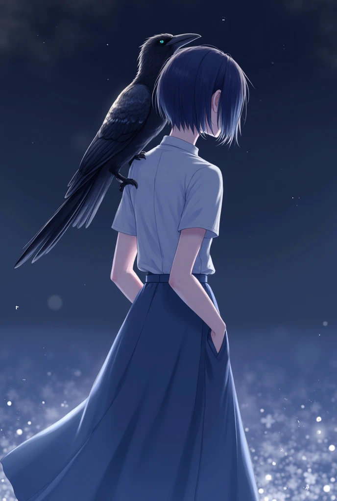 person facing back but the face is 3/4. And with one crow perched on that persons shoulder, fully rendered and elegant art style. Dark blue hair with short hair and a down tail hair. With a shiny highlight, using white shirt and using long blueish skirt. S...