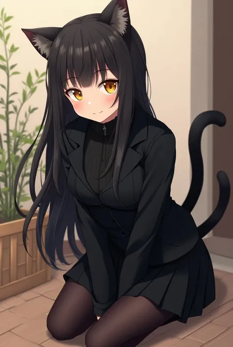 anime, black cat, girl, yellow eyes, black hair, black jacket, anime catgirl, beautiful anime catgirl, cute anime catgirl, anime cat, , catgirl, attractive cat girl, very beautiful anime cat girl, anime girl with cat ears, cat girl, realistic anime cat, ve...