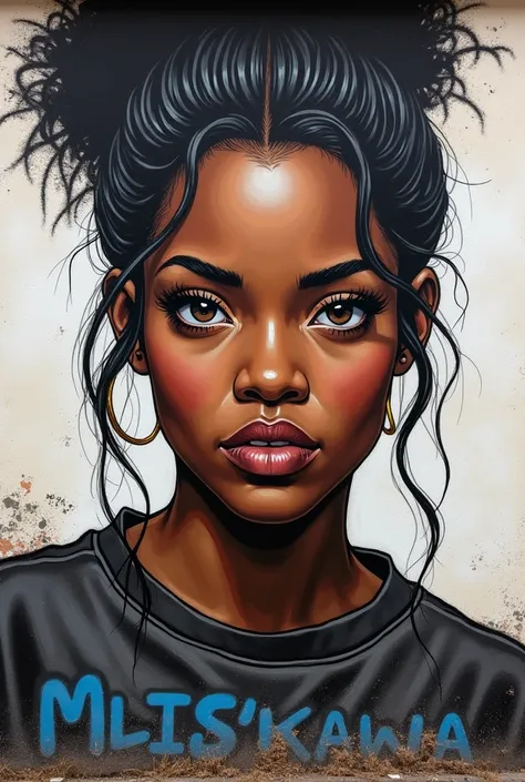 A graffiti of a drawing of a black woman in closed clothes, no full body background