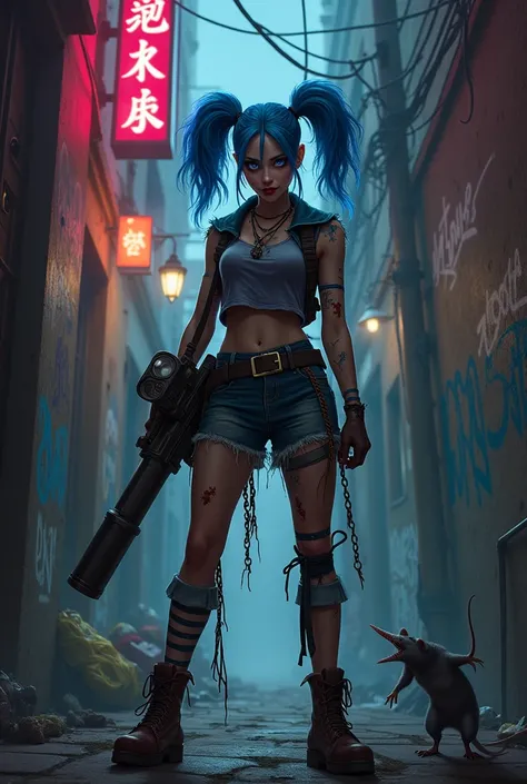 Create realistic image of jinx from league of legends in dark alley