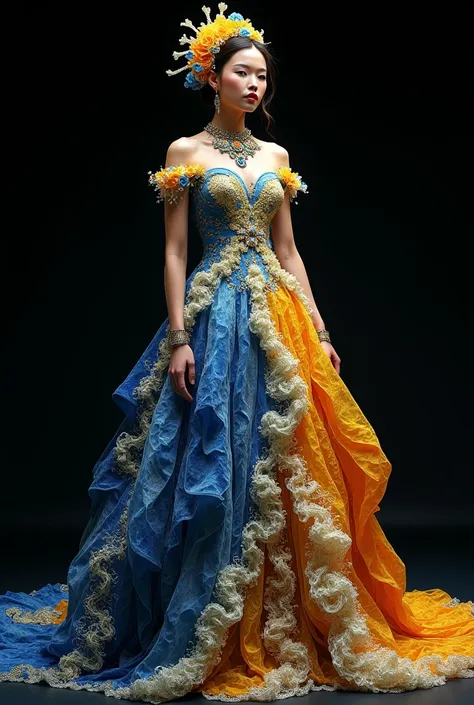 model in a gorgeous, creative and extravagant dress and matching accessories inspired by the artistic style of Vincent Van Gogh especially the starry night with a black background